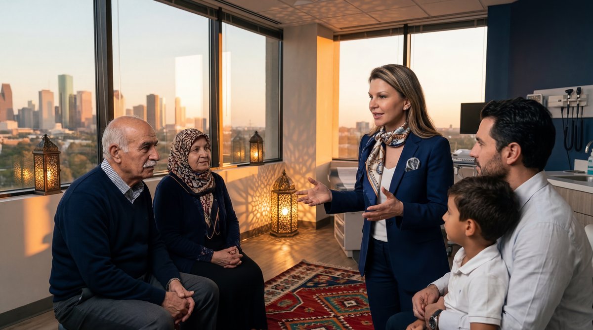 Houston skyline with healthcare symbols representing internal medicine services in the city.