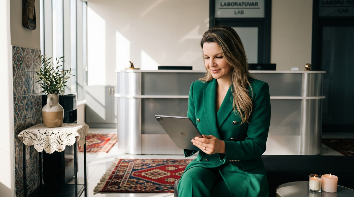 Professional physician reviewing medical notes in a modern clinic hallway