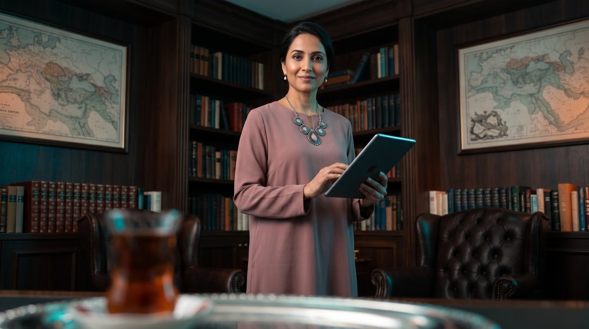 Modern luxury medical office with a physician reviewing digital health records.